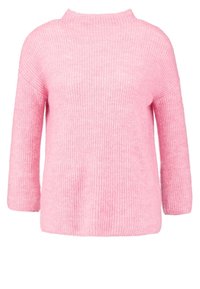 Rosa gestrickter Pullover mit hohem Kragen, 3/4-Ärmeln und gerippter Textur. Weiche Wolle sorgt für ein gemütliches, leichtes Tragegefühl.