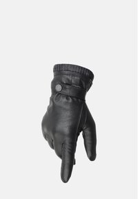 Sort læderhandske med ribbet manchet, knapdetalje og fingeråbninger. Glat tekstur og tætsiddende design for varme og komfort.