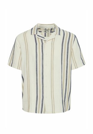 Kortærmet skjorte med knapper og lodrette striber i beige, marineblå og creme, med camp-krave.