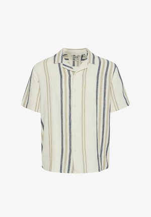 Lühikeste varrukatega nööbitav triiksärk vertikaalsete triipudega beeži, mereväe ja kreemika tooniga, millel on laagri krae.