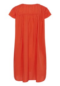 Rotes Baumwollkleid mit lockerer Passform, kurzärmlig, mit gerafften Details am Ausschnitt und knie-langer Säume.