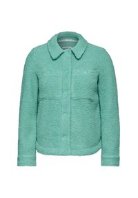 Veste en polaire vert menthe avec un col, fermeture à boutons sur le devant et deux poches poitrine. Texture douce et coupe décontractée, adaptée à un port décontracté.