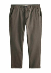 Pantaloni de culoare verde măsliniu închis, cu o textură netedă, picioare drepte, buzunare frontale și o închidere cu un singur nasture la talie.