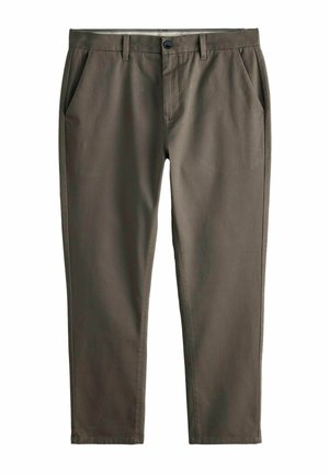 Dunkelolivgrüne Hose mit glatter Textur, geraden Beinen, vorderen Taschen und einem einzelnen Knopfverschluss an der Taille.