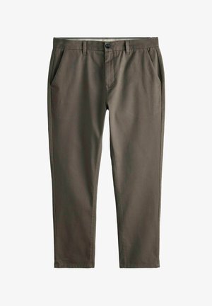 Temno olivno zelene hlače z gladko teksturo, ravnimi hlačnicami, sprednjimi žepi in enim gumbom za zapiranje v pasu.