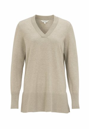 Lysebeige langærmet striktrøje med V-hals, ribstrikkede manchetter og bred ribbesøm, størrelse 36/60, mærke Cellbes.