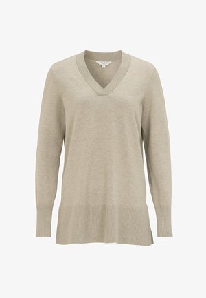 Hellbeiger langärmeliger Strickpullover mit V-Ausschnitt, gerippten Bündchen und breitem geripptem Saum, Größe 36/60, Marke Cellbes.