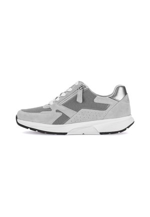 Light gray athletic shoe featuring a mix of suede and mesh materials, white laces, silver accents, and a cushioned sole with a black tread.