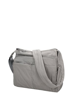 Sac bandoulière gris avec motif quadrillé, plusieurs compartiments zippés et bandoulière réglable, conçu pour un usage quotidien.