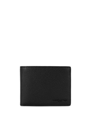 Black leather wallet with a textured finish. Bi-fold design featuring visible stitching, embossed logo, and no external fasteners.
