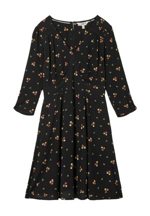 Schwarzes Midikleid mit 3/4-Ärmeln, V-Ausschnitt, geraffter Taille und kleinem roten, gelben und orangefarbenem Blumenmuster überall.