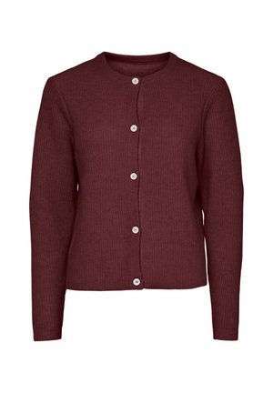 Cardigan côtelé bordeaux avec manches longues, encolure ronde et six boutons de couleur claire sur le devant. Texture douce et design ajusté.