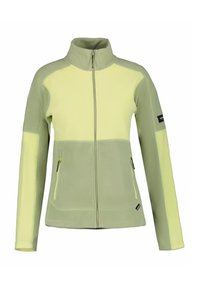 Chaqueta de polar verde y amarilla con un alto cuello, cierre de cremallera, dos bolsillos laterales y un diseño de paneles en contraste. Textura suave con un ajuste relajado.