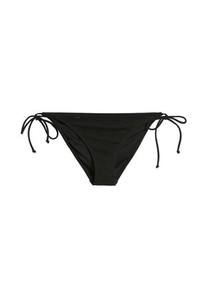 Czarny dół bikini z teksturowanej tkaniny, z regulowanymi wiązaniami po bokach. Projekt jest minimalistyczny i zapewnia wygodne dopasowanie.