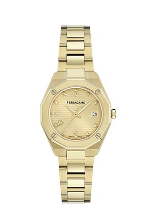 Złoty zegarek na rękę Ferragamo z ośmiokątną lunetą, diamentowymi indeksami godzin, wyświetlaczem daty o godzinie 3 oraz metalową bransoletą.