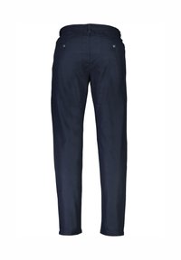 Námořnické modré kalhoty s volným střihem, elastickým pasem, dvěma zadními kapsami s knoflíky a rovnými nohavicemi. Hladká textura látky.