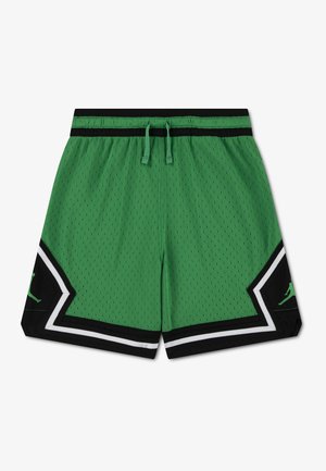 Pantalones cortos de baloncesto de malla verde con ribetes en negro y blanco, banda elástica negra con cordones verdes y logotipo de Jordan en los laterales inferiores.