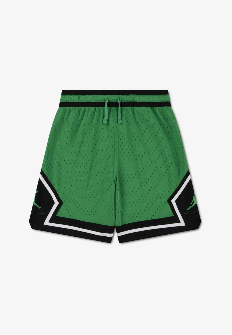 Shorts de basketball verts en mesh avec bordures noires et blanches, taille noire avec cordons verts, et logo Jordan sur les côtés inférieurs.