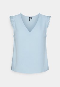 Light blue sleeveless top with a V-neck and scalloped lace trim on shoulders; made from soft, textured fabric; relaxed fit.