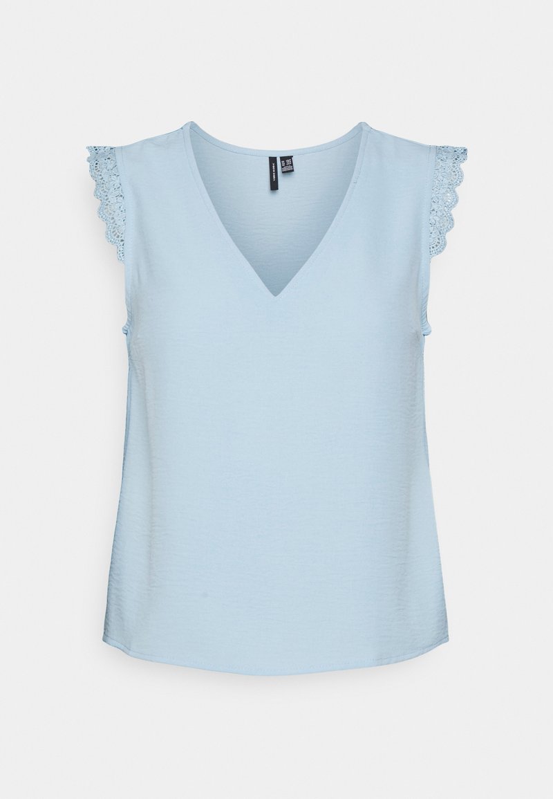 Light blue sleeveless top with a V-neck and scalloped lace trim on shoulders; made from soft, textured fabric; relaxed fit.
