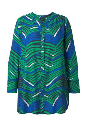 Langærmet skjorte med knapper og et abstrakt stribet mønster i grøn, blå, hvid og sort samt en halsudskæring uden krave.