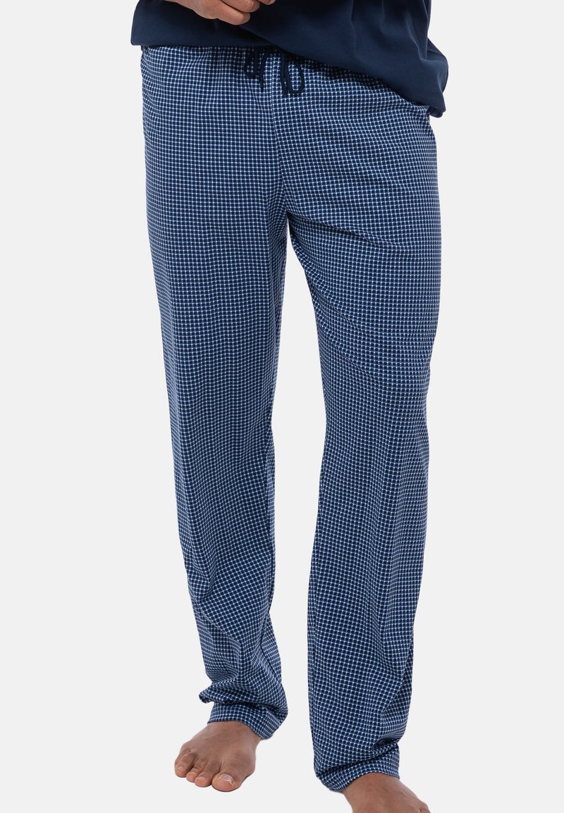 Blaue und weiße karierte Loungewear-Hosen mit elastischem Bund und Kordelzug. Leichter Stoff, gerade Beine und ohne sichtbare Taschen.