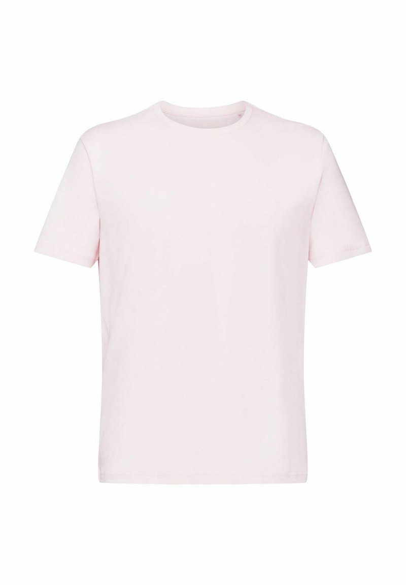 Ein einfarbiges, hellrosa, kurzärmliges T-Shirt mit Rundhalsausschnitt, flach ausgebreitet ohne sichtbare Logos oder Designs.