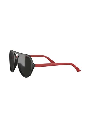 Black aviator sunglasses with red temples and curved earpieces, shown at a side angle on a white background.