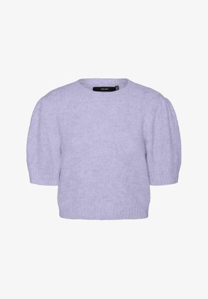 Lila kortärmad tröja i mjukt, strukturerat stickat material; har en rund halsringning och puffärmar. Enkel och modern design.