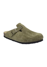 Green suede clogs featuring a ribbed texture, an adjustable strap with a metal buckle, and a black rubber sole for grip and durability.