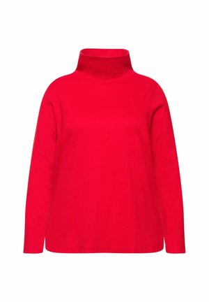 Czerwony sweter z golfem wykonany z miękkiego materiału, z długimi rękawami i wysokim kołnierzem, o gładkiej teksturze, bez widocznych wzorów czy ozdób.