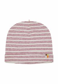 Berretto lavorato a maglia color crema con strisce orizzontali bordeaux, caratterizzato da un risvolto e un piccolo etichetta rettangolare in arancione e giallo.