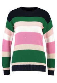Pull en maille avec rayures horizontales en bleu marine, vert, rose, crème et blanc. Poignets et ourlet côtelés ; motif crochet texturé.