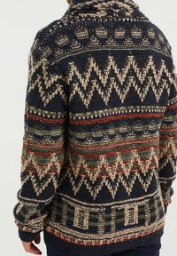 Hombre que lleva un suéter de punto multicolor con patrones geométricos en navy, beige, rojo y verde, mostrado desde la espalda.