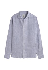 Chemise à manches longues à boutons avec de fines rayures verticales bleues et blanches et un col classique, posée à plat sur un fond blanc.