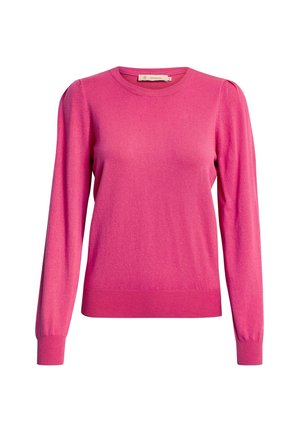 Pull en tricot rose vif avec des manches longues, des poignets côtelés et un col rond. Texture douce et coupe slim.