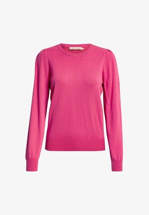 Sweter z dzianiny w intensywnym różowym kolorze, z długimi rękawami, prążkowanymi mankietami i okrągłym dekoltem. Miękka struktura i dopasowany krój.