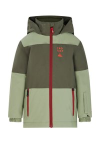 Grün- und olivfarbener blockierter Übergangsjacke mit Kapuze, rotem Reißverschluss und zwei Seitentaschen. Sie verfügt über elastische Bündchen und ein Logo auf der Brust.