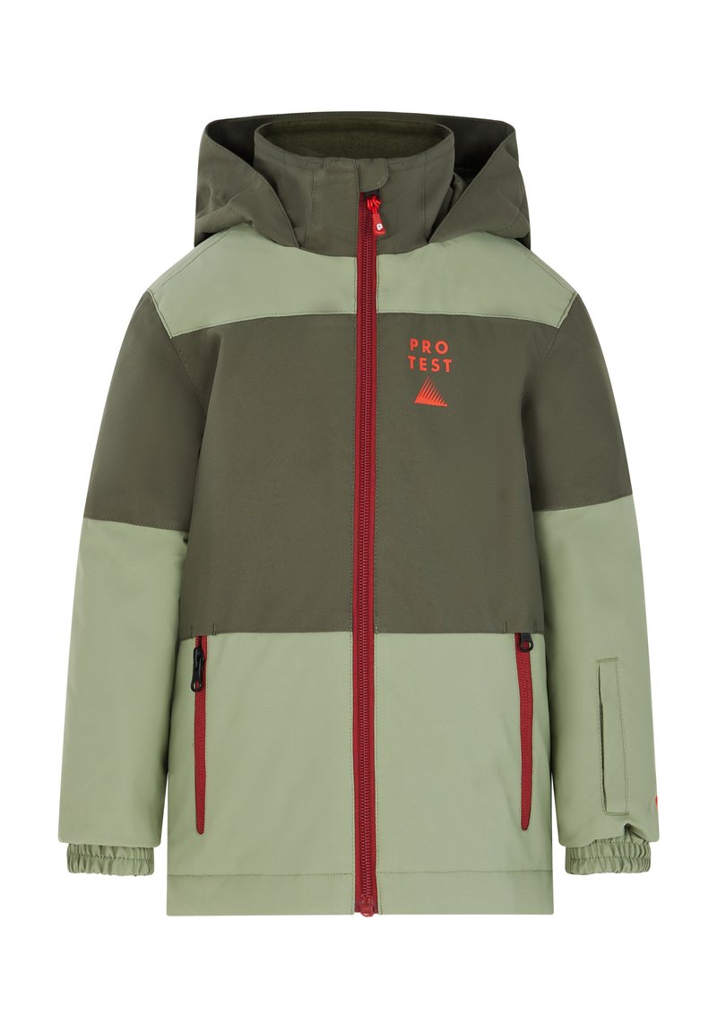 Grün- und olivfarbener blockierter Übergangsjacke mit Kapuze, rotem Reißverschluss und zwei Seitentaschen. Sie verfügt über elastische Bündchen und ein Logo auf der Brust.