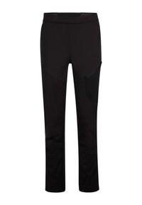 Schwarze Sporthosen mit einem taillierten Design, das eine glatte Textur, seitliche Taschen und kontrastierende matte schwarze Stoffakzente aufweist.