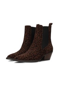 Stivali alla caviglia con stampa leopardata marrone, in suede texture, pannelli elastici ai lati, punta affusolata e tacco basso impilato.