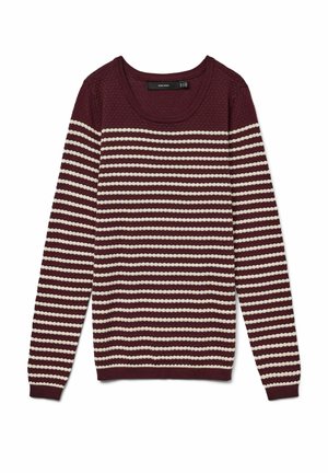 Pull rayé bordeaux et crème avec un design en tricot texturé, encolure ronde et manches longues. Poignets et ourlet côtelés.