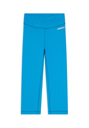 Leggings sportivi blu brillante con vita alta e logo bianco "FREDDY" sull'anca superiore sinistra, distesi su uno sfondo bianco.