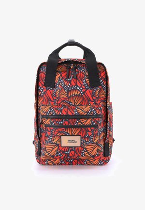 Backpack featuring a butterfly print in red, orange, and black; made of durable fabric with a top handle and adjustable shoulder straps.