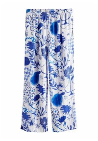 Blå och vita mönstrade byxor med blommönster och abstrakta designer, elastisk midja och vida ben, gjorda av lättviktigt tyg.