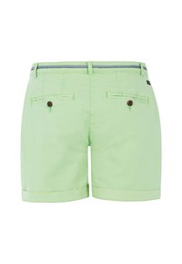 Lichtgroene shorts van katoen, met een opgerolde zoon, twee achterzakken met bruine knopen en een gestreepte tailleband.