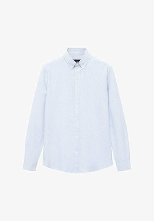 Světle modrá a bílá pruhovaná dlouhá rukávová košile s límcem a zapínáním na knoflíky. Měkká látka s hladkým povrchem.