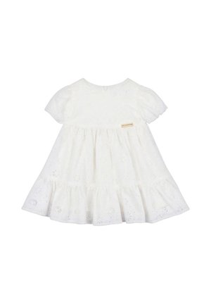 Vestito bianco per bambino con maniche corte a sbuffo, ricamo floreale ad occhiello e gonna arricciata con orlo a volant.