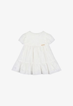 Vestito bianco per bambino con maniche corte a sbuffo, ricamo floreale ad occhiello e gonna arricciata con orlo a volant.