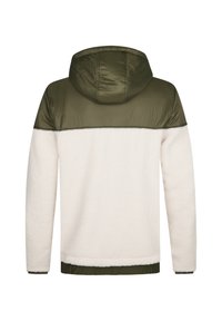 Gewatteerde jas met een groene nylon bovenkant en een witte fluffy fleecen onderkant, met elastische manchetten en een rechte zoom.